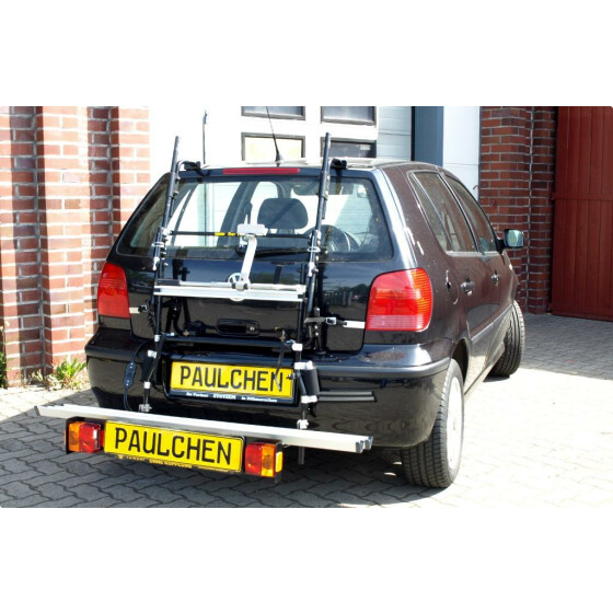 Paulchen Fahrradträger - VW Polo 6N2 ab 10/1999-10/2001 - Trägersystem Tieflader inkl. Zusatzbeleuchtung - Schienensystem Comfort Class - Montage ohne Anhängerkupplung
