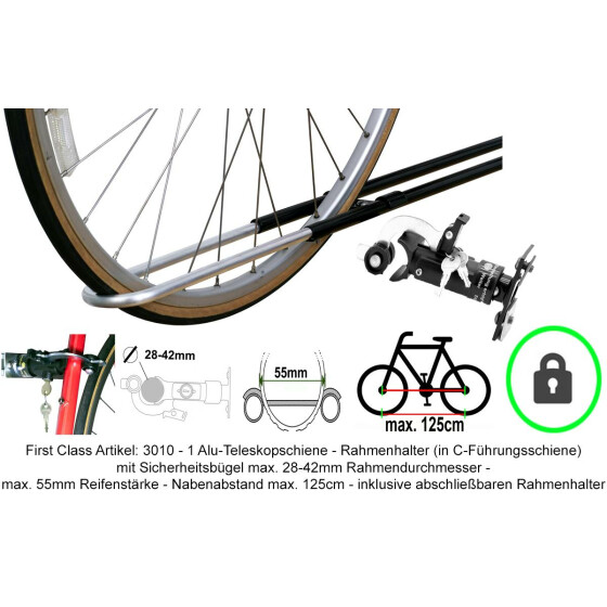 Fahrradträger Paulchen - First Class Artikelnummer 3010 - Eine Fahrradschiene - 1 Fahrrad-Rahmenhalter für das Erste Fahrrad auf dem Heckträger - Rahmenstärke min. 20mm max. 42mm - Reifenstärke max. 55mm - Nabenabstand max. 125cm - inkl. Diebstahlsicherung