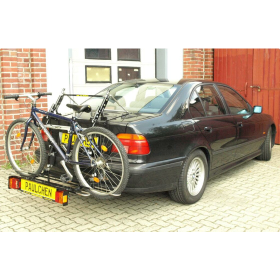 Paulchen Heckträger - BMW 5er Stufenheck E39 ab 12/1995- - Trägersystem Tieflader inkl. Beleuchtung - Schienensystem First Class - Schienen anklappbar (unbeladen)